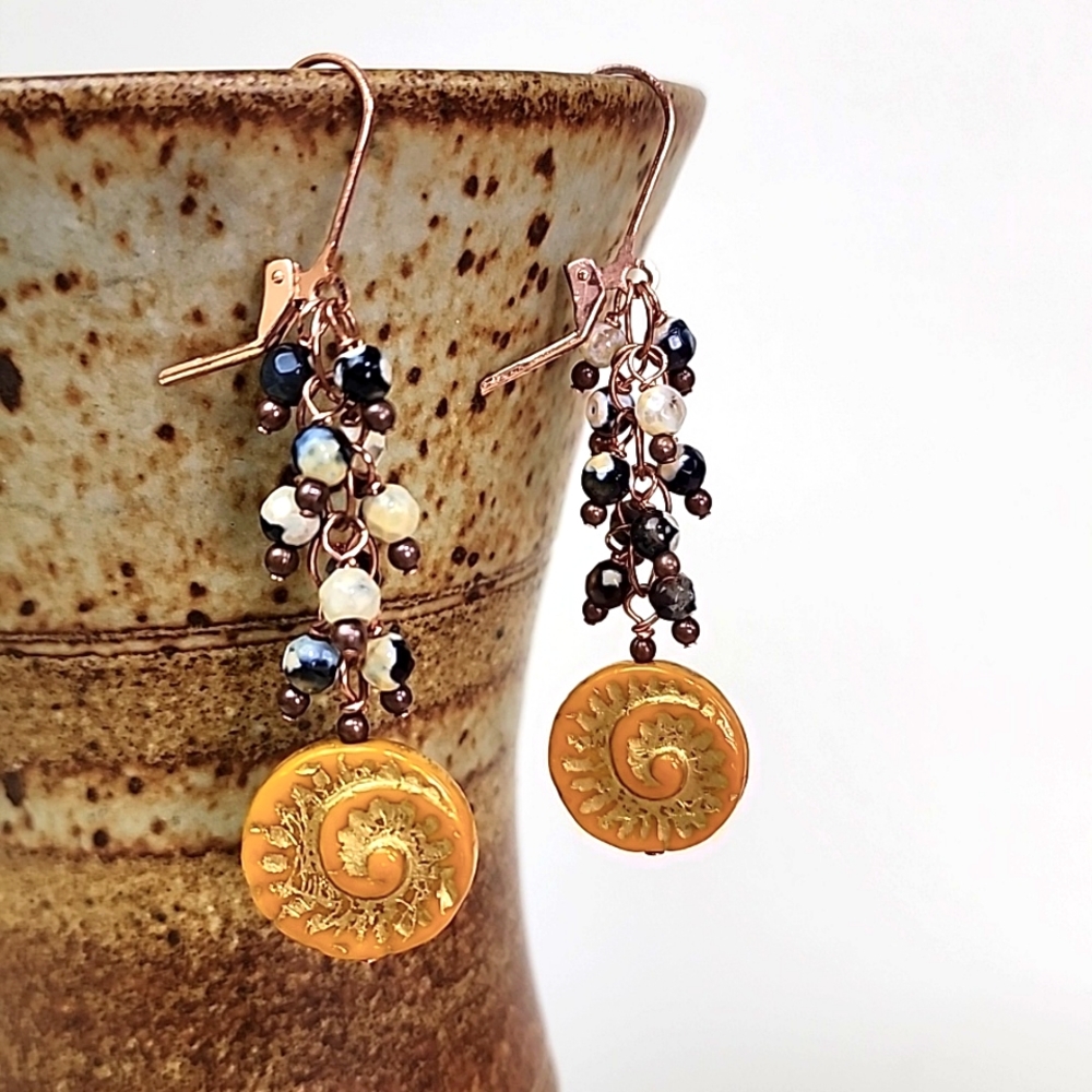 #46 Orange, Gold & Copper Nautilus Shell Long Dangle Earrings,‎ Leverback Hook